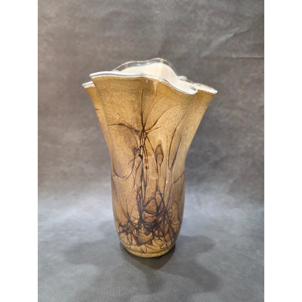 Art Glass Handkerchief Vase Amber Brown Marbleized Ruffled Rim 14 Inch Decor